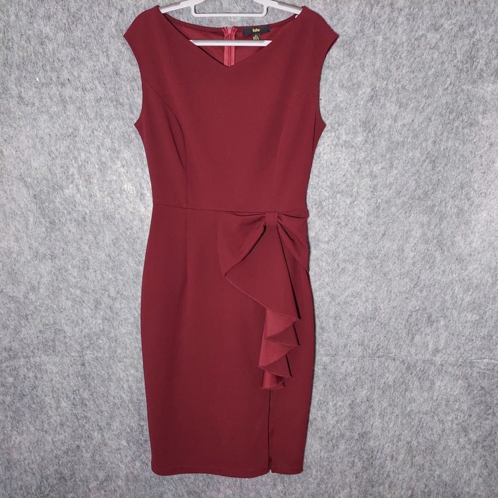 Knitee Sheath Dress Women M‎ Burgundy Red Bow Ruffle Slit Sleeveless Cocktail